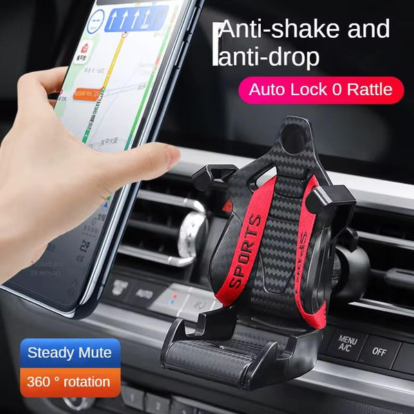 Car Phone Holder Air Vent Mount – Racing Seat Style with Safety Belt, 360° Adjustable Cradle, Universal Fit for iPhone, Samsung, Android, And More, 2025 New Auto Accessories (Red)