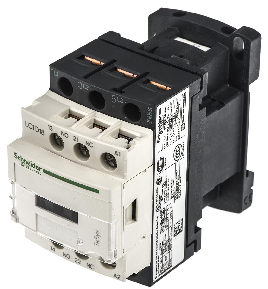 Schneider Electric, TeSys D contactor - 3P(3 NO) - AC-3 - <= 440 V 38 A - 230 V AC 50/60 Hz coil, LC1D38P7