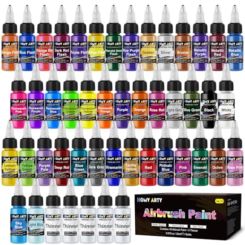 HOMY ARTY Airbrush Paint - 43 Colors with 5 Thinner, Water-Based Airbrush Paint Set, Ready to Spray Acrylic Air Brush Paints for Metal, Plastic