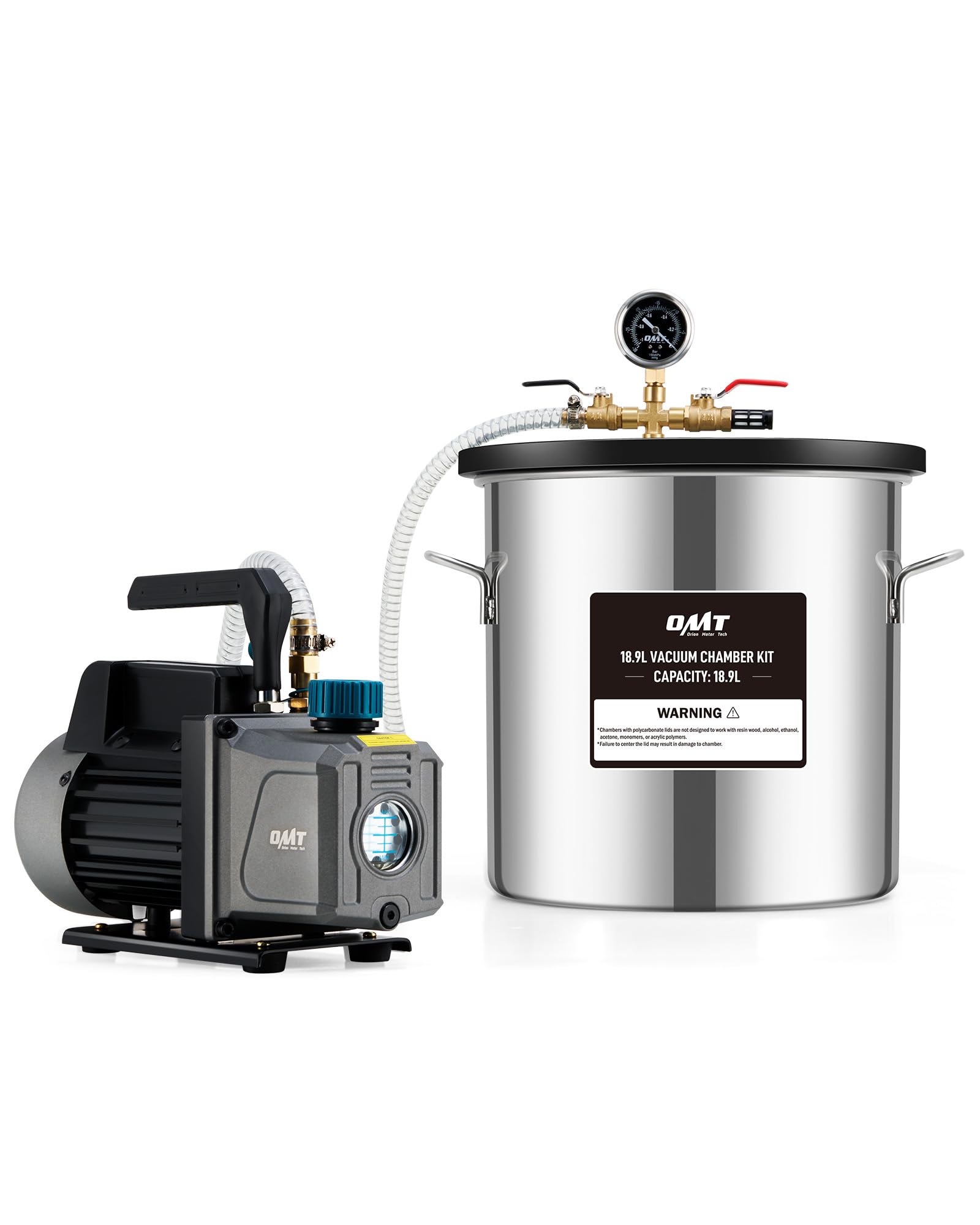 ORION MOTOR TECH 18.9 L Vacuum Chamber with Pump Kit, 3.5 cfm Vacuum Pump and Chamber Kit with Tempered Glass Lid 1.5 m Hose, Vacuum Degassing Chamber Kit for Stabilizing Wood Degassing Silicone Resin