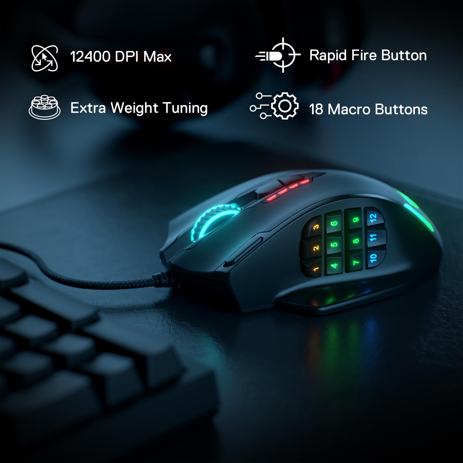 Redragon M908 Impact RGB LED MMO Mouse with Side Buttons Optical Wired Gaming Mouse with 12,400DPI, High Precision, 20 Programmable Mouse Buttons