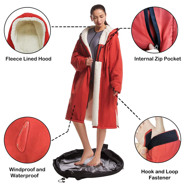 Hiturbo Waterproof Adult Changing Robe: Windproof Warm Swimming Robe Oversized Coat Surf Poncho with Fleece Lining Red