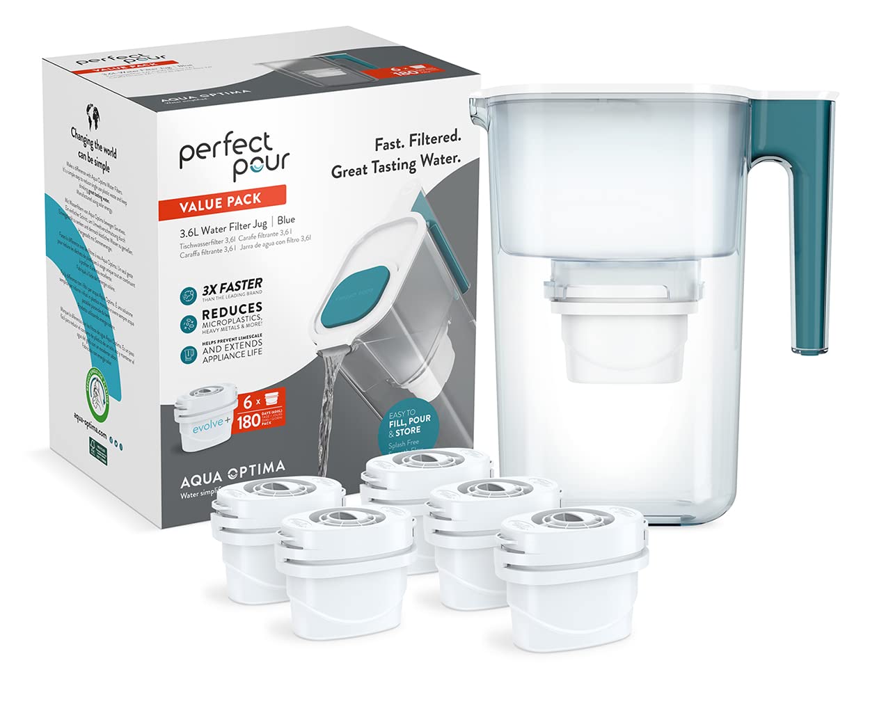 Aqua Optima Perfect Pour Water Filter Jug & 6 Evolve+ Filter Cartridges, 3.6L, Blue - Fridge & Dishwasher Friendly - Reduces Limescale, Chlorine and