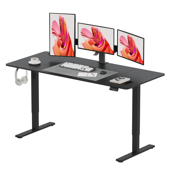 SANODESK QS1+140 * 60 Electric Standing Desk Height Adjustable Standing Desk With Memory Smart Panel Sit Stand Table With Hooks and Cupholder for Home Office （Black Frame+ Black Desktop）