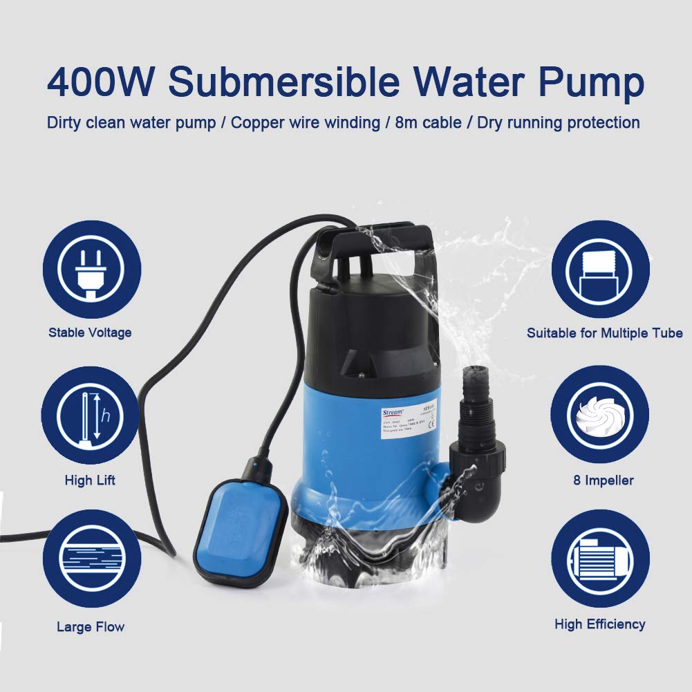 400W 7500L/H Submersible Water Pump with Hose, Water Pump to Empty Hot Tube with 10M Hose, Float Switch for Clean Dirty Water Garden Pond Pool Flooded Cellars