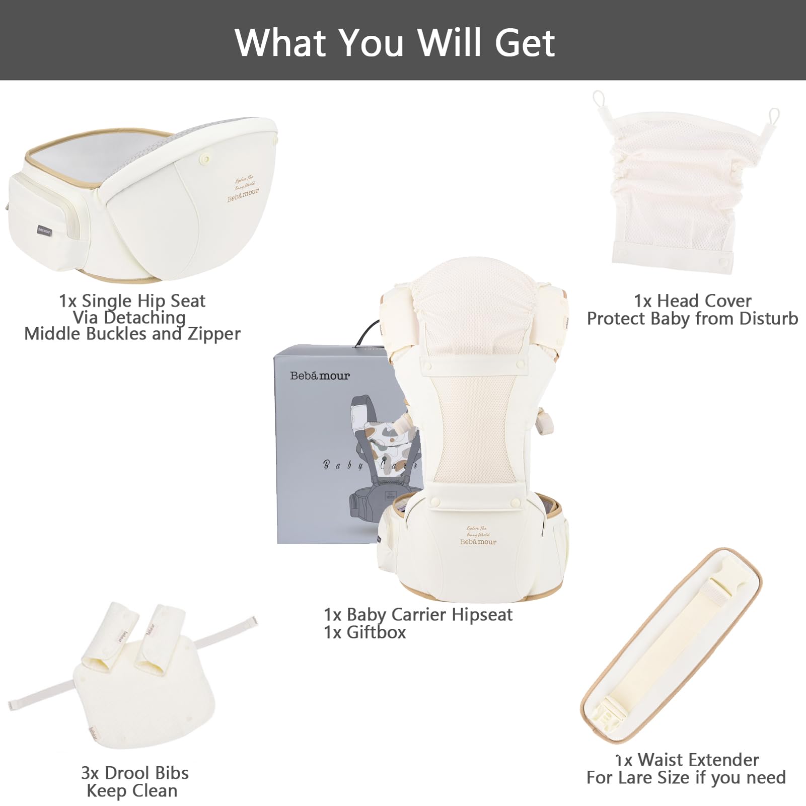 Bebamour Baby Carrier Newborn to Toddler Baby Carrier Hipseat 0-36Months with Head Hood, 3 PCS Teething Pads, Waist Extender, Grey