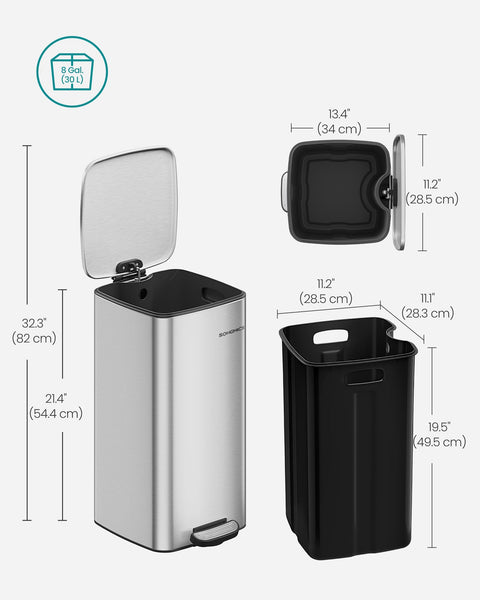 SONGMICS Kitchen Bin, 8-Gallon (30 L) Trash Bin, Steel Pedal Bin, with Inner Bucket, Soft Close and Stays Open, Metallic Silver LTB593E01
