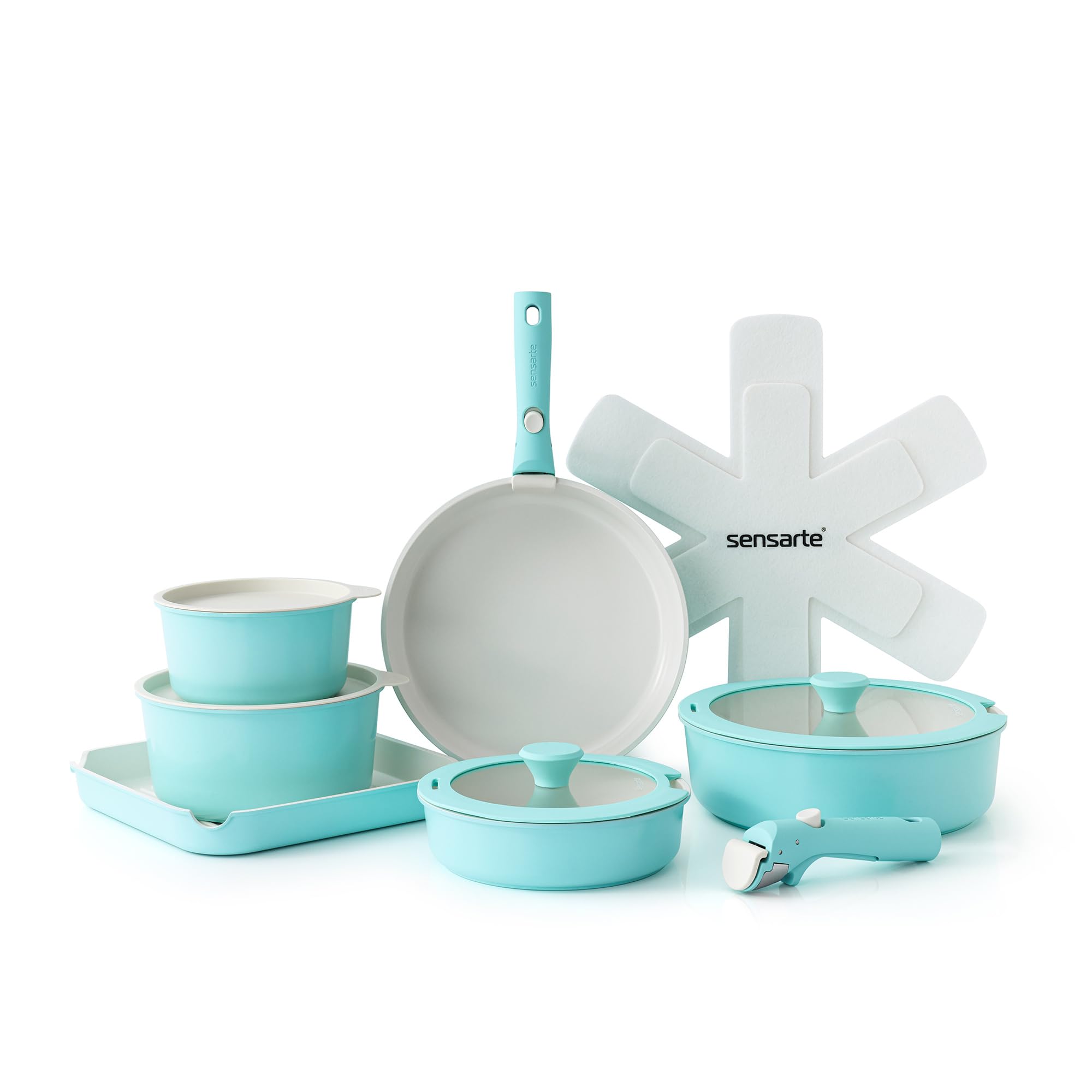 SENSARTE 17 Piece Pots and Pans Set, Nonstick Detachable Handle Cookware, Induction Kitchen Cookware Set with Removable Handle, Healthy Non Stick RV Cookware, Oven Safe (Black)