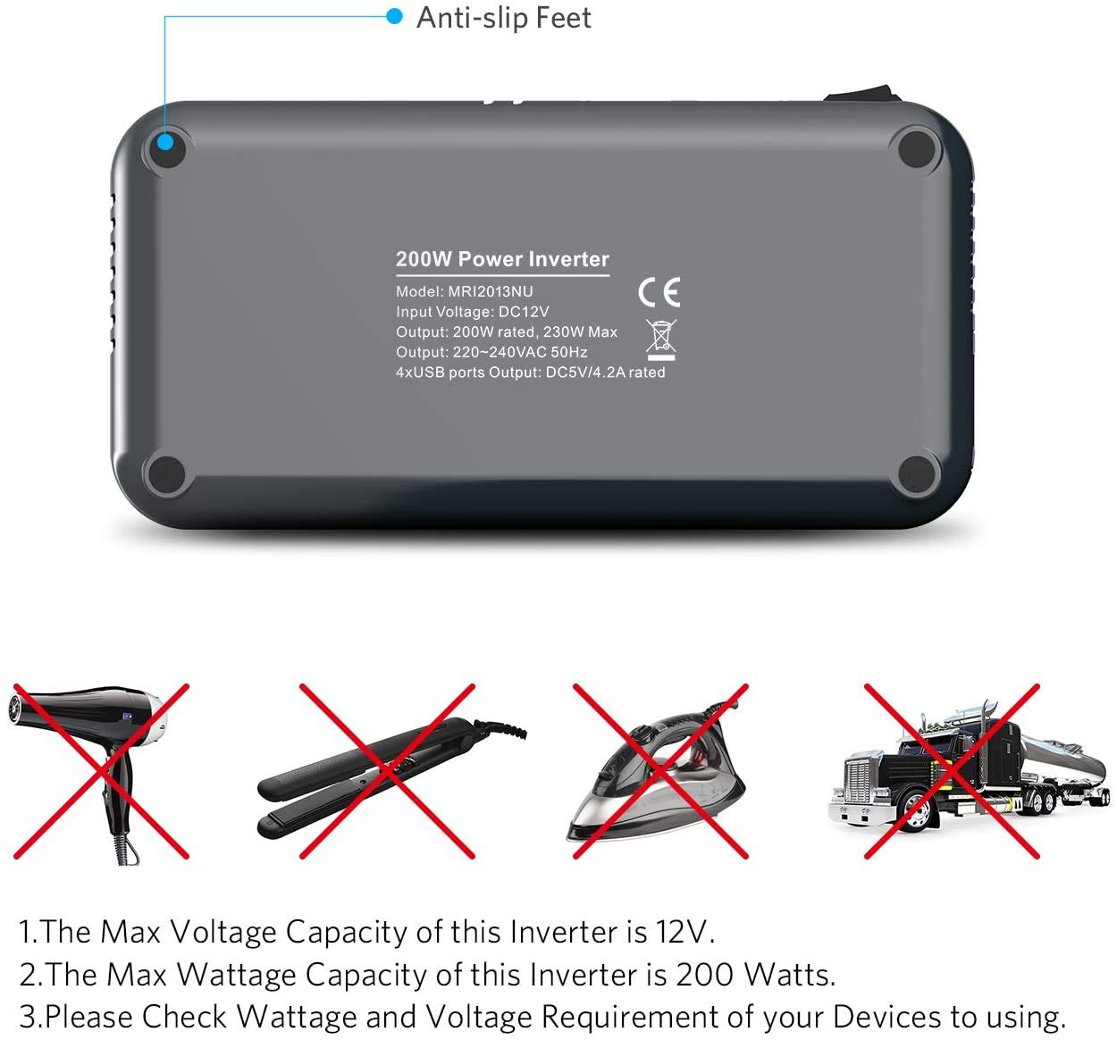 BESTEK 200W Power Inverter DC 12V to AC 230V 240V Dual Socket Car Voltage Converter Transformer with 4 USB Car Charger
