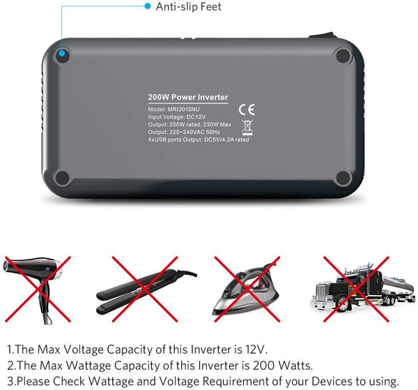BESTEK 200W Power Inverter DC 12V to AC 230V 240V Dual Socket Car Voltage Converter Transformer with 4 USB Car Charger