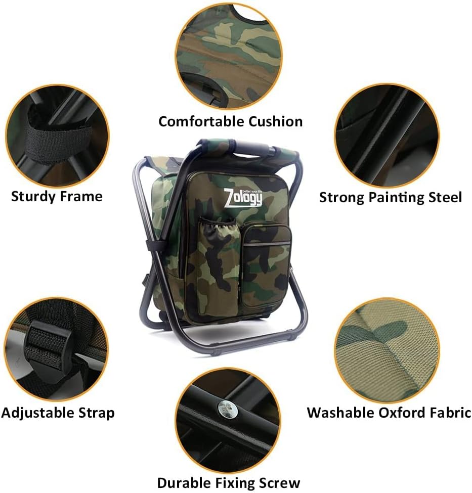 Zology Folding Camping Chair Stool Backpack with Cooler Insulated Picnic Bag, Camouflage Portable Hiking Seat Table Bag for Outdoor Indoor Fishing Travel Beach BBQ