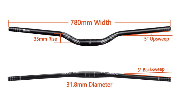 FIFTY-FIFTY Mountain Bike Riser Handlebar, Aluminum Alloy MTB Handlebar, 31.8mm Diameter, 780mm Wide Bicycle Bar (Black, 35mm Rise)