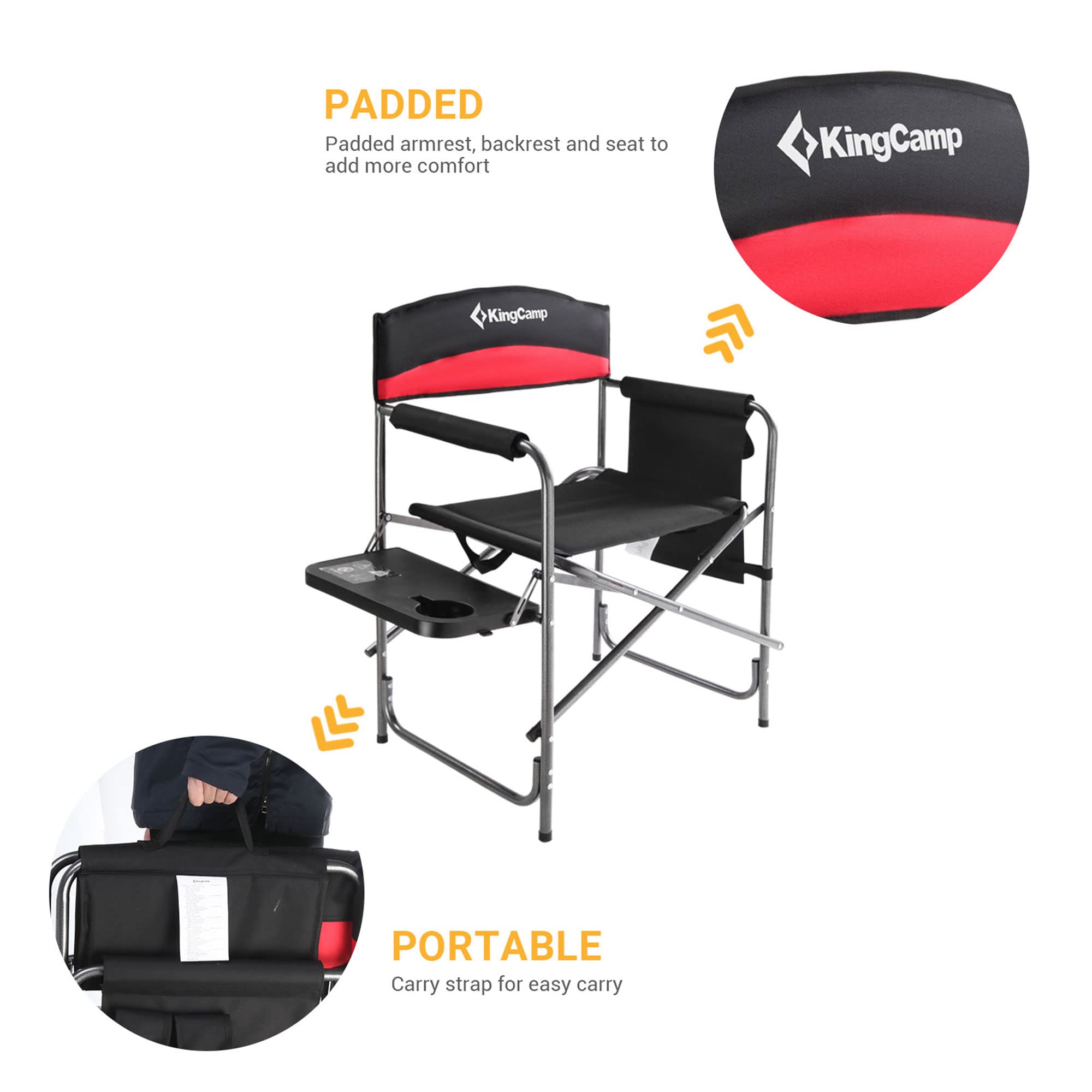 KingCamp Folding Camping Chairs for Adluts Heavy Duty Directors Chair with Cooler Bag and Side Table Support up to 150KG