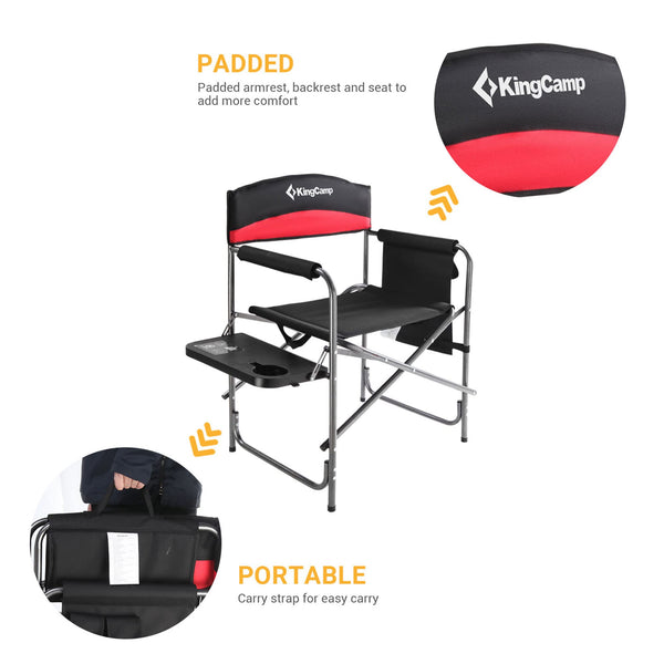 KingCamp Folding Camping Chairs for Adluts Heavy Duty Directors Chair with Cooler Bag and Side Table Support up to 150KG