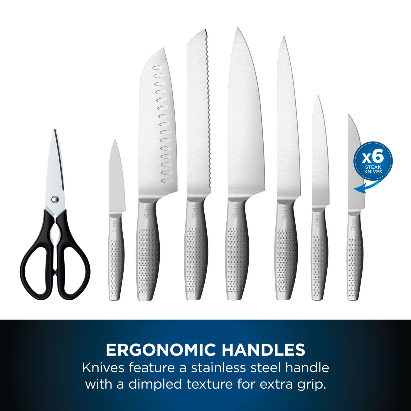 Ninja Foodi StaySharp Knife Block with Integrated Sharpener, 5-Piece Knife Set includes Chef, Bread, Slicing, Utility, Paring Knives, Stainless Steel K32005UK, Black