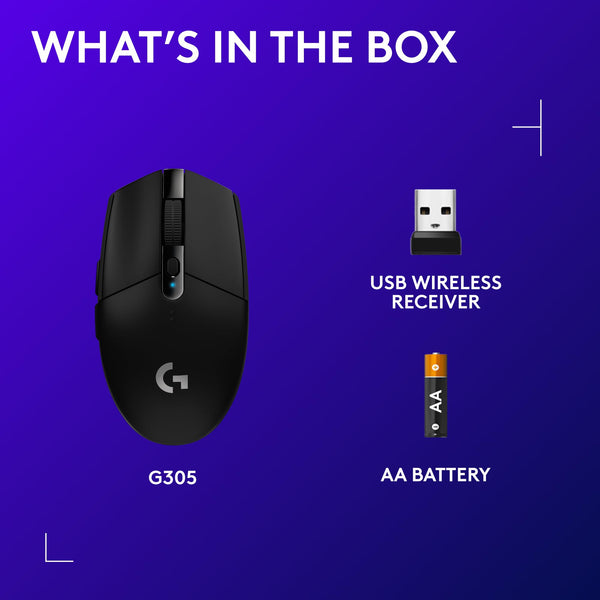 Logitech G305 LIGHTSPEED Wireless Gaming Mouse, HERO 12K Sensor, 12,000 DPI, Lightweight, 6 Programmable Buttons, 250h Battery Life, On-Board Memory, PC/Mac - Black