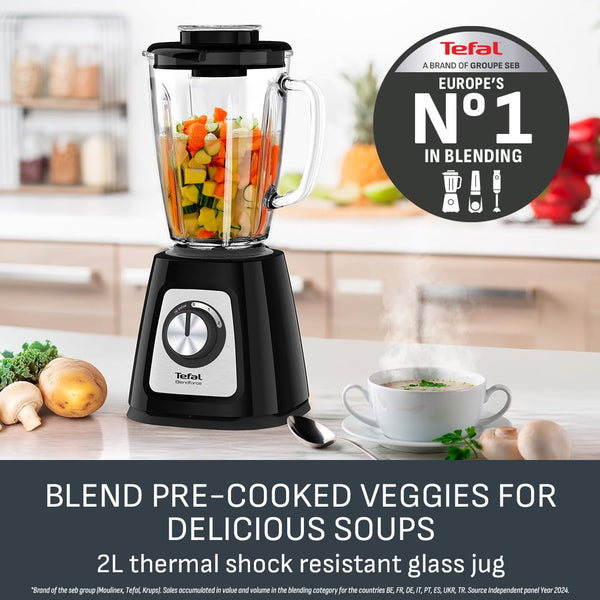 Tefal Blendforce II Blender, 2L Plastic Jug, 1.25L Effective Capacity, 600W, 4 Removable Stainless Steel Blades, Smoothie, Ice Crush, 2 Speeds + Pulse, Kitchen Shakes Maker, Black, BL420840