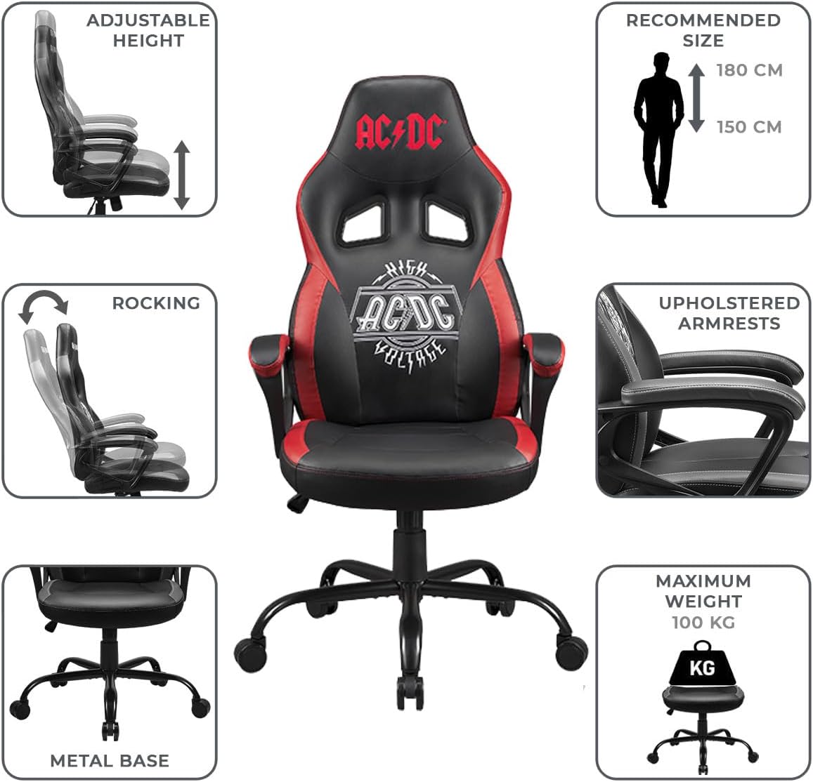 Subsonic AC/DC Gaming chair or office chair, AC DC pop gaming chair for teenager or adult, comfortable rocking seat, integrated headrest and armrests, ergonomic, adjustable backrest Black