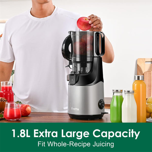Cold Press Juicer Machines,Fretta Slow Masticating Juicer with 108mm &1.0L Hopper for Whole Fruits and Vegetables,200W Self Feeding High Yield Juice Extractor,BPA Free Tritan, (Black)