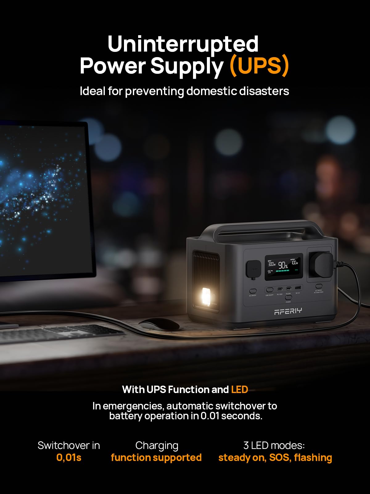 AFERIY 400W Portable Power Station 256Wh LiFePO4 Battery 1.5-hour Fast Charging, 5 Ports, Pure Sine Wave 230V Output, UPS Power Supply for Outdoor Camping and Emergency Backup