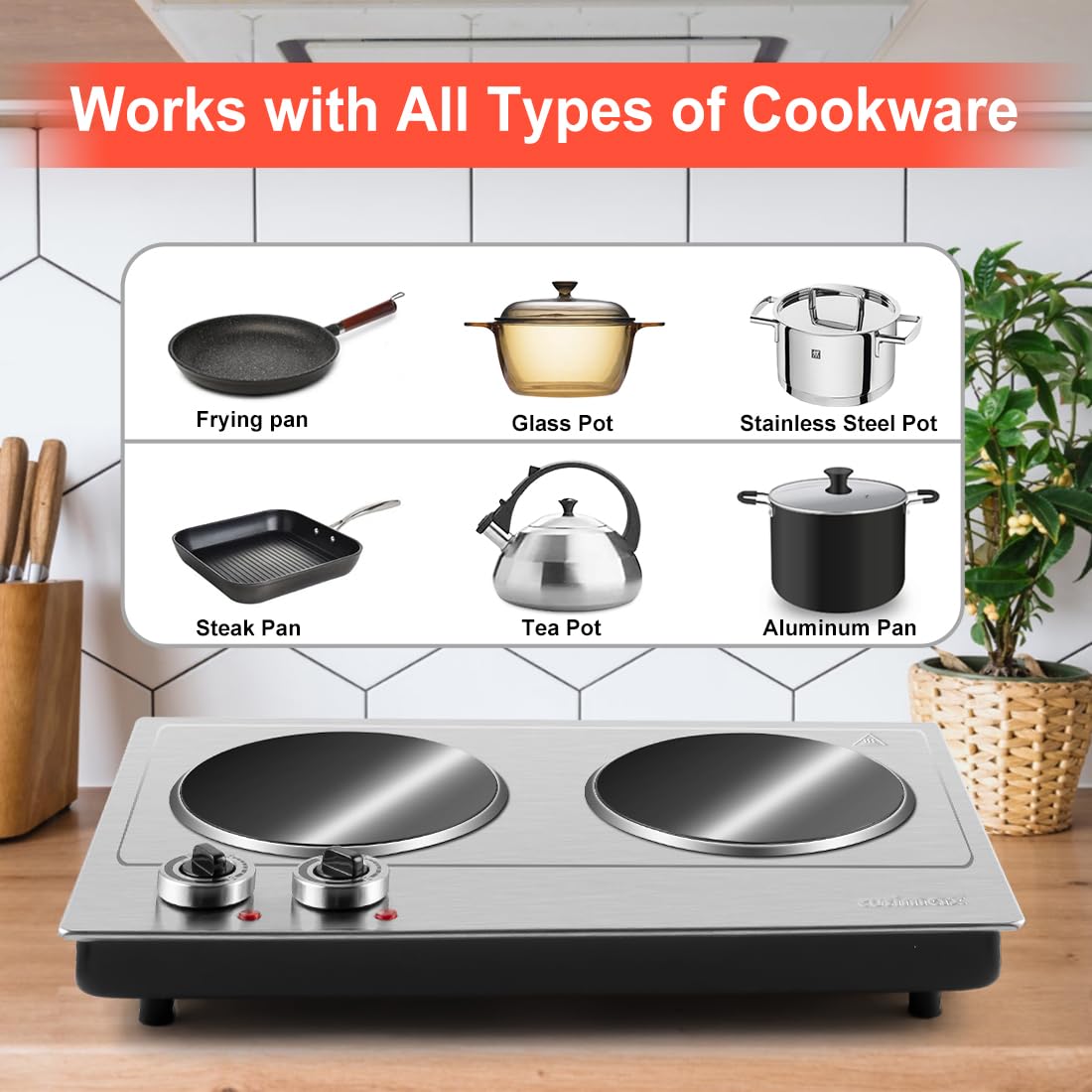 Double Electric Hob, CUSIMAX Hot Plate for Cooking, 2400W Electric Ceramic Hot Plate, Double Infrared Cooktop with Dual Temperature Control, Portable