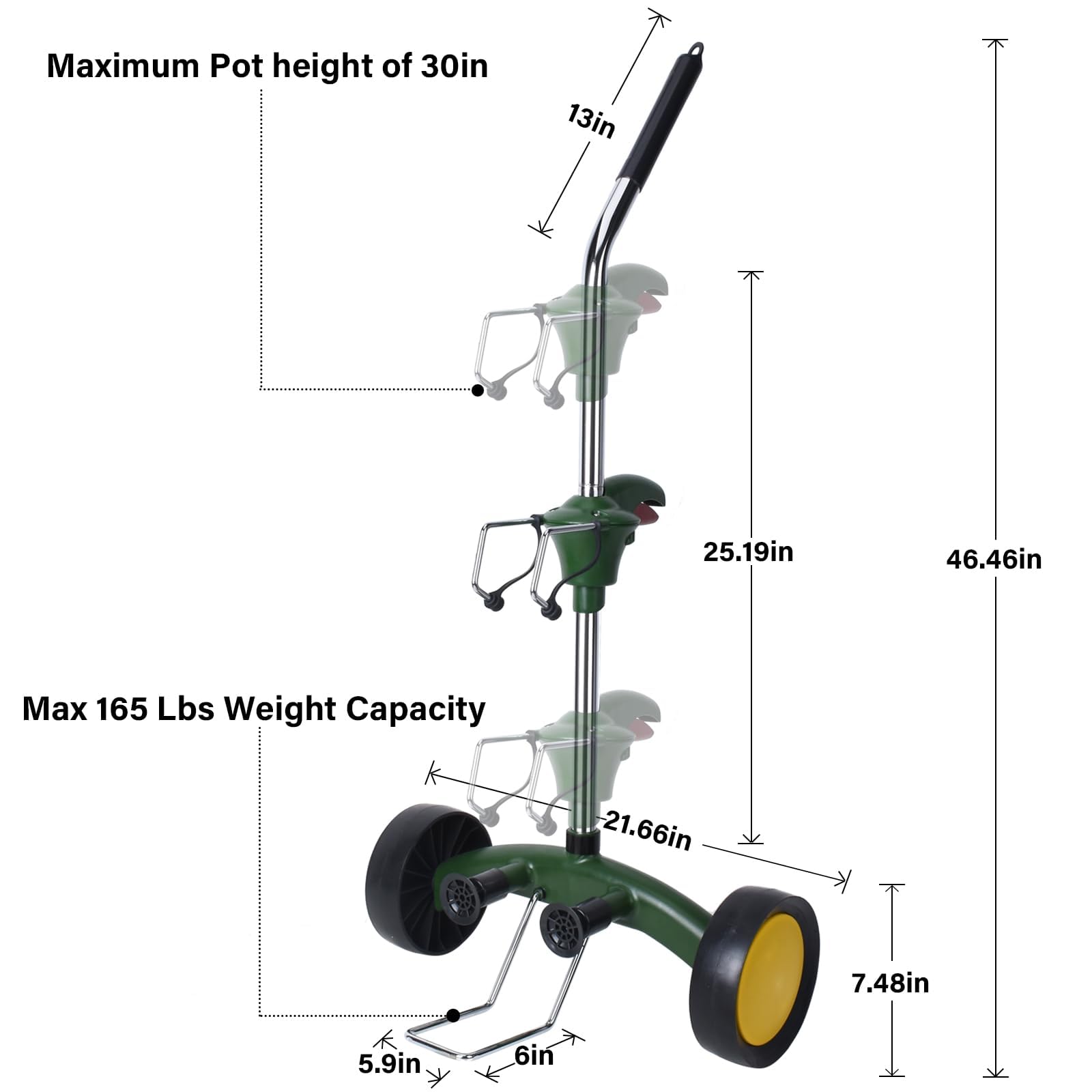 EZwoks Adjustable Plant Dolly with Wheels, Heavy Duty, Black, Fits Pots 8" to 30" High, Max 165 Lbs Weight Capacity, Garden/Living