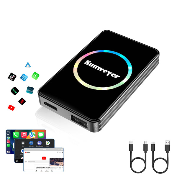 Sunweyer Wireless CarPlay Adapter Car Streaming Device Ai Box Support Netflix, YouTube, Hulu, Disney+, Android Auto Wireless Adapter with LED Ambient Light, Easy to Setup 3 in 1, Dual WiFi Bluetooth