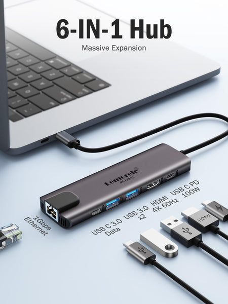 Lemorele 6-in-1 USB C Hub with 4K HDMI, Ethernet, 2 USB Ports, 100W PD Charging for MacBook Pro/Air M1, iPad Pro M1, Switch, Chromecast, PS4