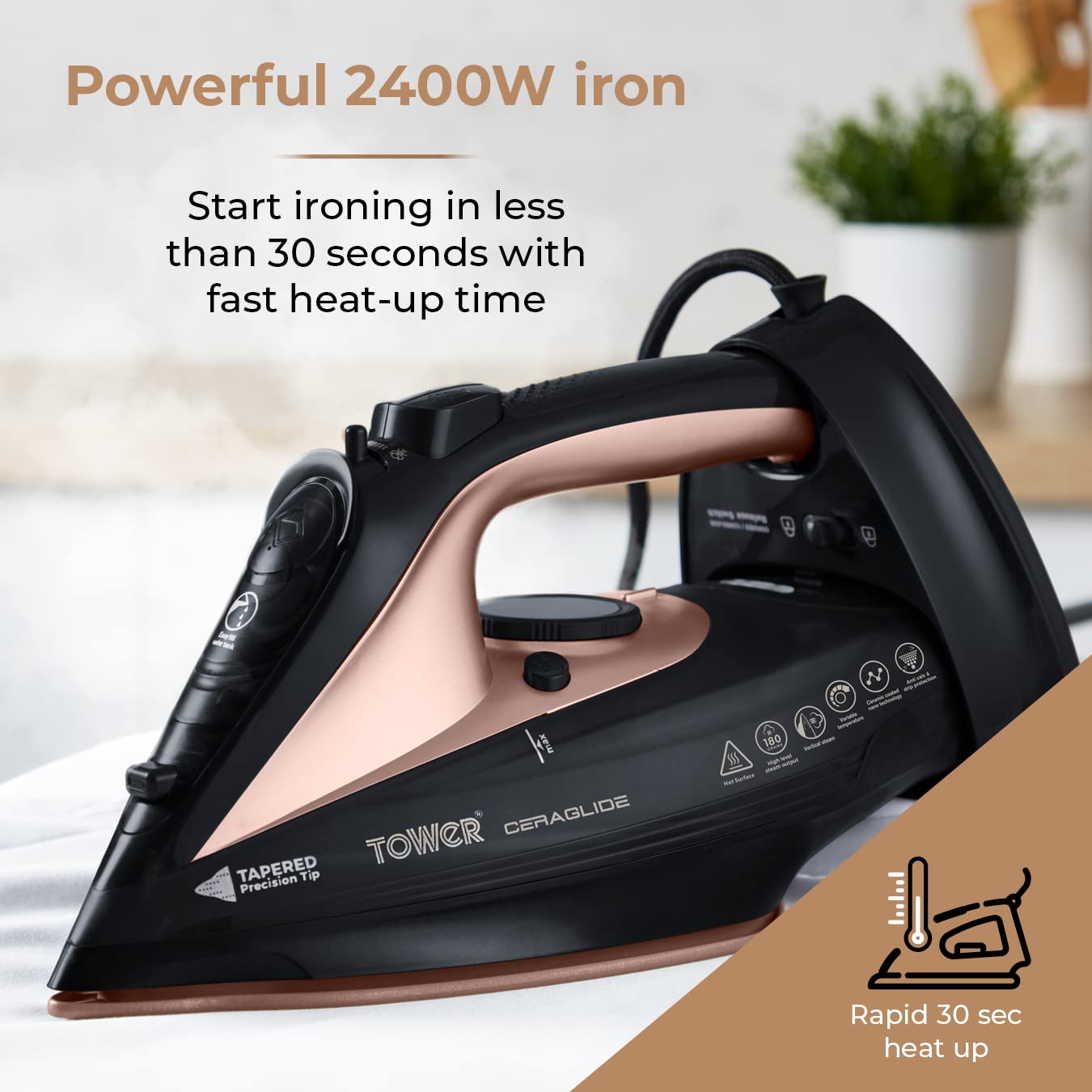 Tower T22008 CeraGlide Cordless Steam Iron with Ceramic Soleplate and Variable Steam Function, 2400 W, Purple