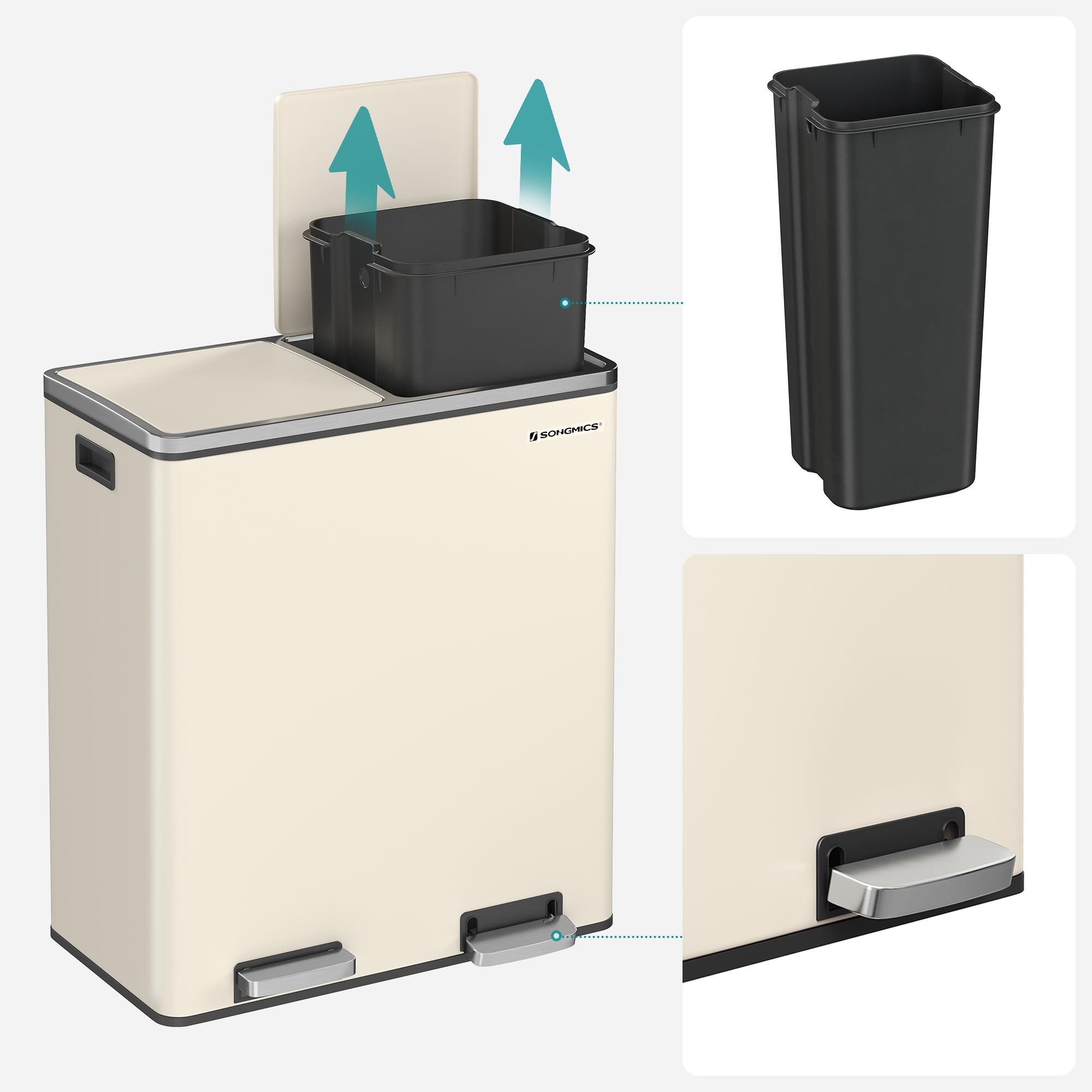 SONGMICS Dual Rubbish Bin, 2 x 30 L Recycling Bin with 15 Rubbish Bags, 2-Compartment Metal Pedal Bin with Lids and Plastic Inner Buckets, Soft Closure, Slate Grey LTB060G01