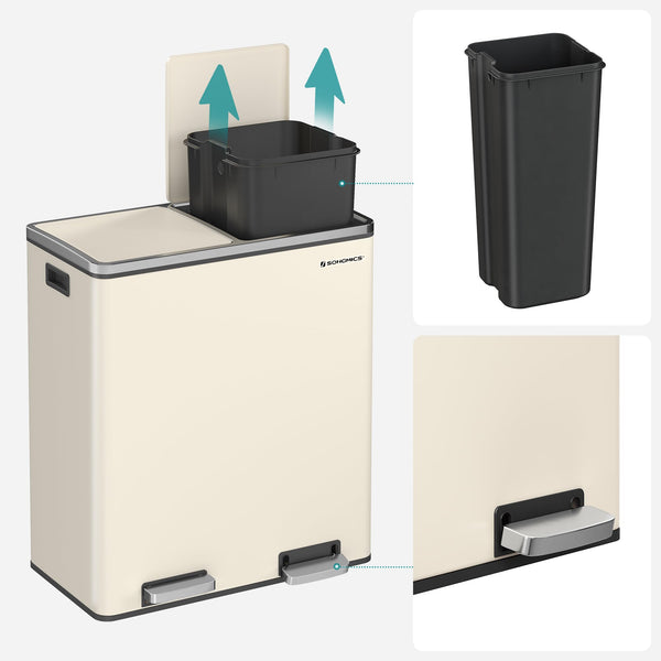 SONGMICS Dual Rubbish Bin, 2 x 30 L Recycling Bin with 15 Rubbish Bags, 2-Compartment Metal Pedal Bin with Lids and Plastic Inner Buckets, Soft Closure, Slate Grey LTB060G01