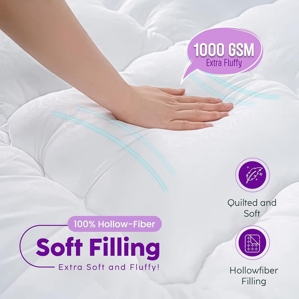Mattress Topper Double Bed - 10CM Extra Thick Double Mattress Topper - 1000GSM Filling Fiber - Luxurious Comfort, Hypoallergenic, Elastic Straps Deep Pocket Thick