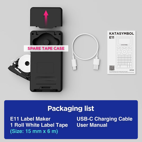 SUPVAN E11 Bluetooth Label Maker Machine with 4 Tapes, Support Keyboard & App with 40 Fonts and 450+ Icons, Rechargeable Inkless Labeler for Home, Kitchen, Office, School Organization, Black