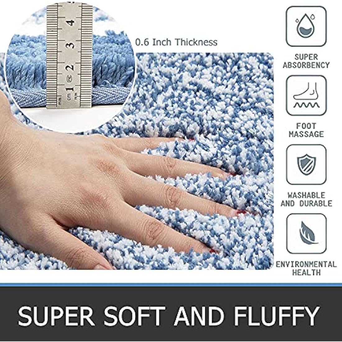 Pauwer Fluffy Bath Mat Sets 3 Piece Washable, Microfiber Non Slip Washable Bath and Pedestal Mat Sets Water Absorbent Bathroom Floor Carpet Rug Shower Rug, Blue