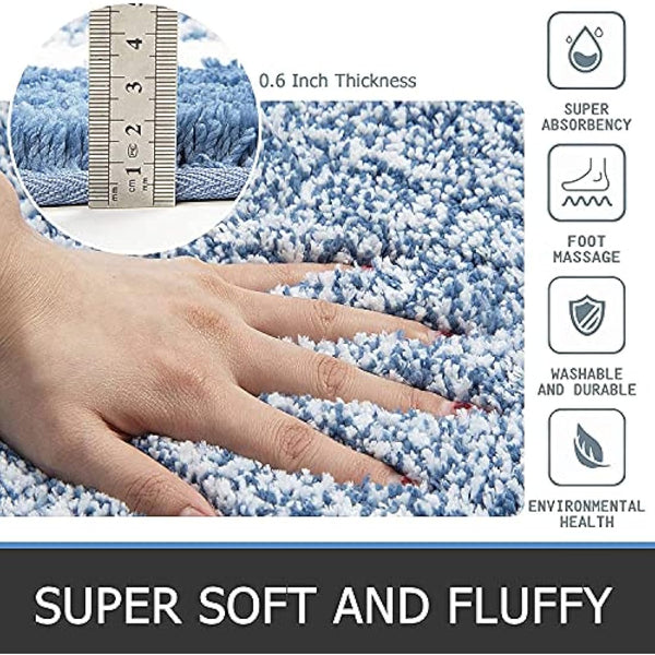 Pauwer Fluffy Bath Mat Sets 3 Piece Washable, Microfiber Non Slip Washable Bath and Pedestal Mat Sets Water Absorbent Bathroom Floor Carpet Rug Shower Rug, Blue