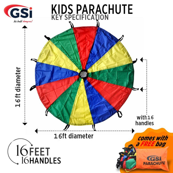GSi Kids Play Parachute Rainbow Parachute Toy Tent Game for Children Gymnastic Cooperative Play and Outdoor Playground Activities (16 Feet)