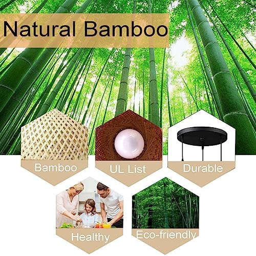 GCQ Bamboo Light Fixtures, 3 Headlights E26 E27 Retro Rustic Bamboo Wicker Rattan Chandelier Ceiling Hanging Light for Living Room Bedroom Farmhouse Restaurant Cafe Teahouse Bar Dining Room Club