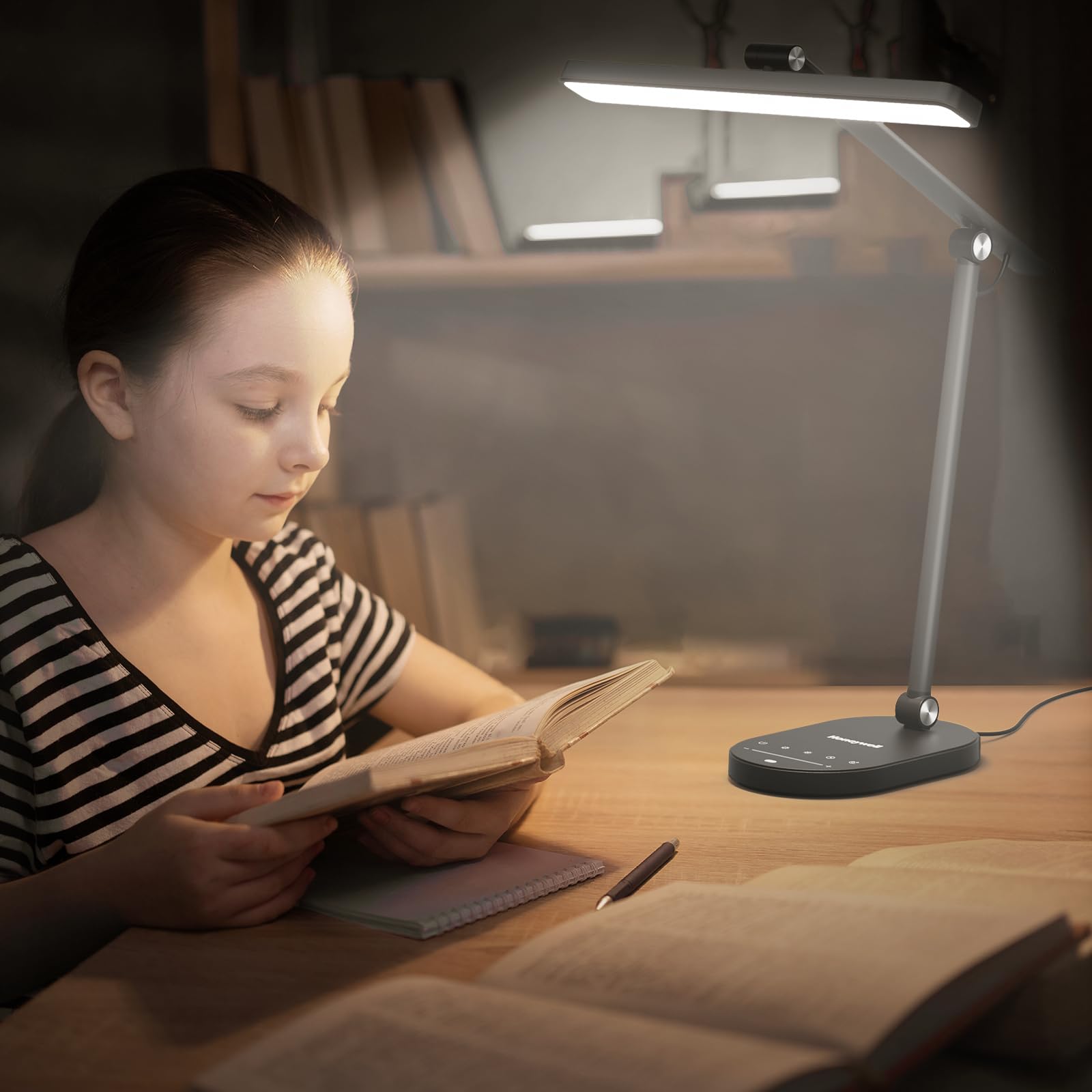Honeywell LED Desk Lamp for Home Office - H4 Sunturalux™ Eye-Caring Desk Light, 14W Dimmable Table Lamp with 3 Color Modes, 5 Brightness Levels, Auto-Dimming, Timer, Touch Control Reading Lamp, White