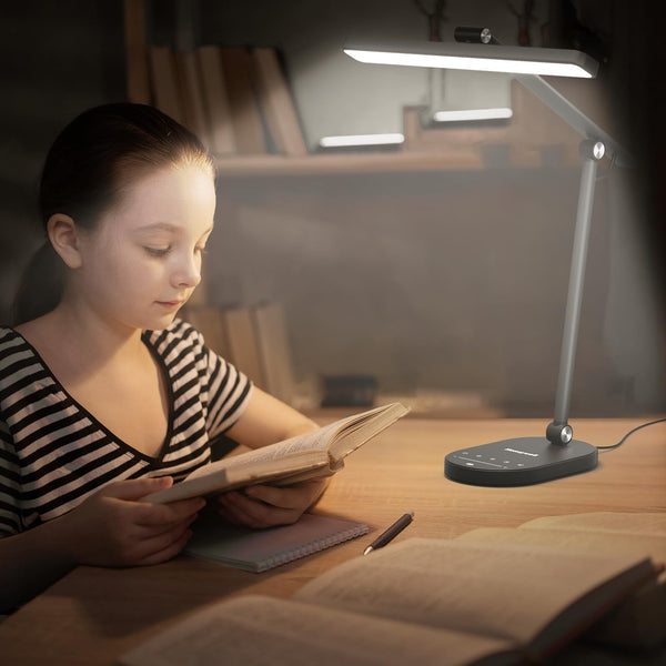 Honeywell LED Desk Lamp for Home Office - H4 Sunturalux™ Eye-Caring Desk Light, 14W Dimmable Table Lamp with 3 Color Modes, 5 Brightness Levels, Auto-Dimming, Timer, Touch Control Reading Lamp, White