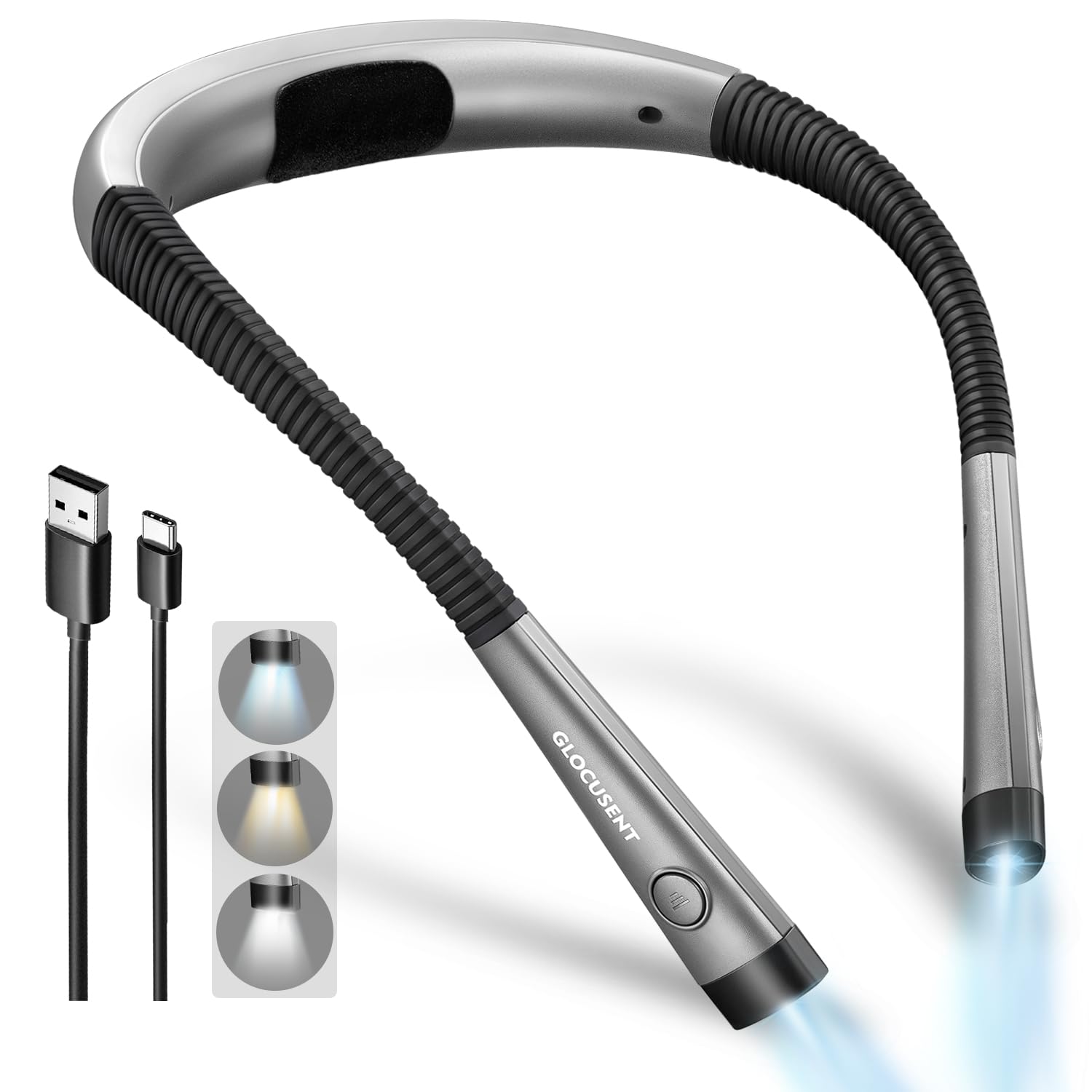 Glocusent LED Neck Reading Light, Book Light for Reading in Bed, 3 Colors, 6 Brightness Levels, Bendable Arms, Rechargeable, Long Lasting, Perfect Gifts for Reading, Knitting, Camping, Repairing
