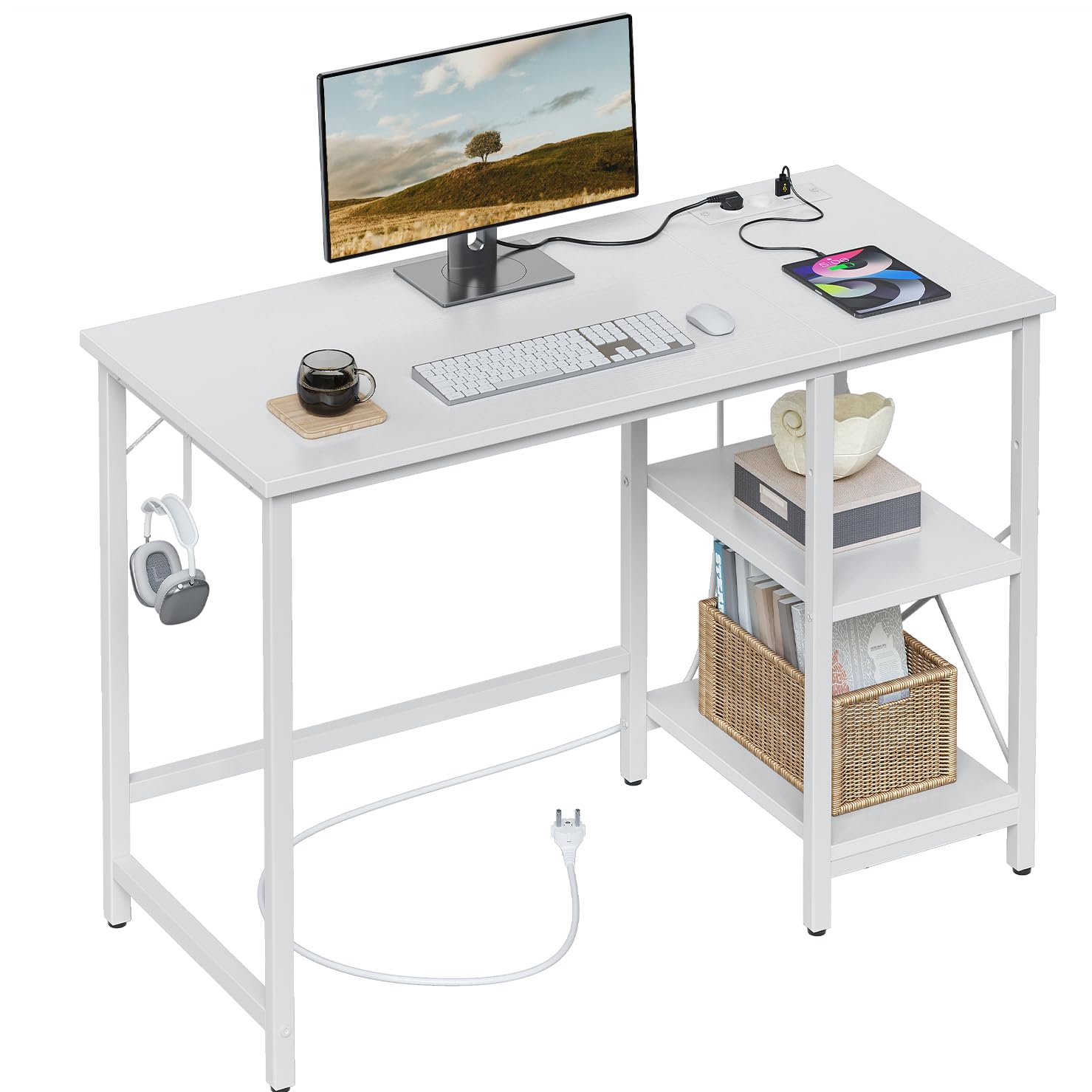 CubiCubi Computer Desk with Monitor Stand and Storage Shelves, 120cm Home Office Desk Study Writing Table, White