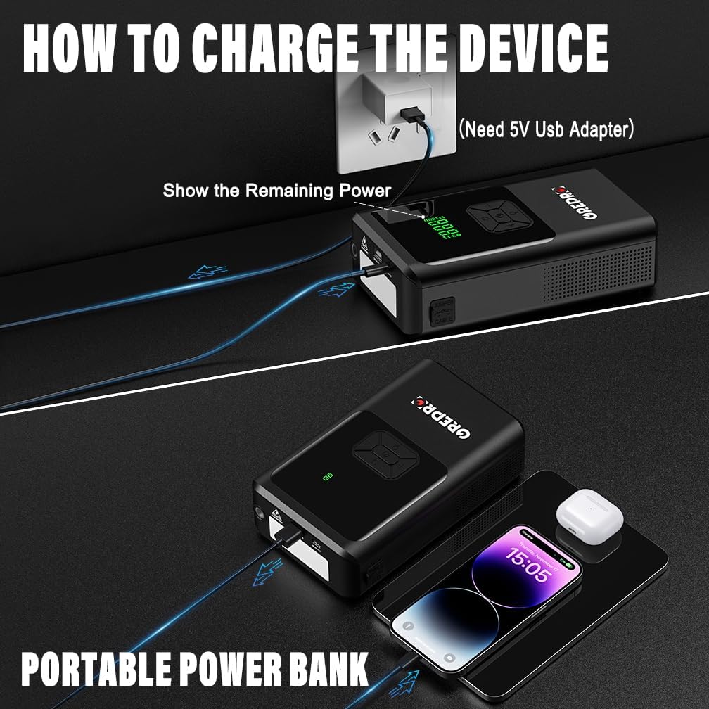 GREPRO 5-in-1 Jump Starter Power Pack with 150PSI Air Compressor (Up to 10.0L Gas,8.0L Diesel), Car Jump Starter for 12V Vehicle, 3000A Jump Pack with Digital Display, LED Flashlight