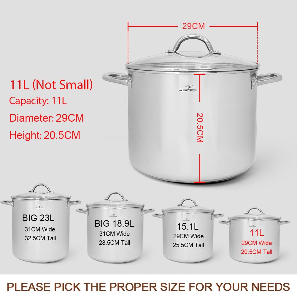 HOMICHEF Large Nickel Free Stainless Steel Stock Pot with Lid (29 cm, 11 Litre) - Mirror Polished Stock Pot 11L with Lid - Heavy Soup Pot with Lid -