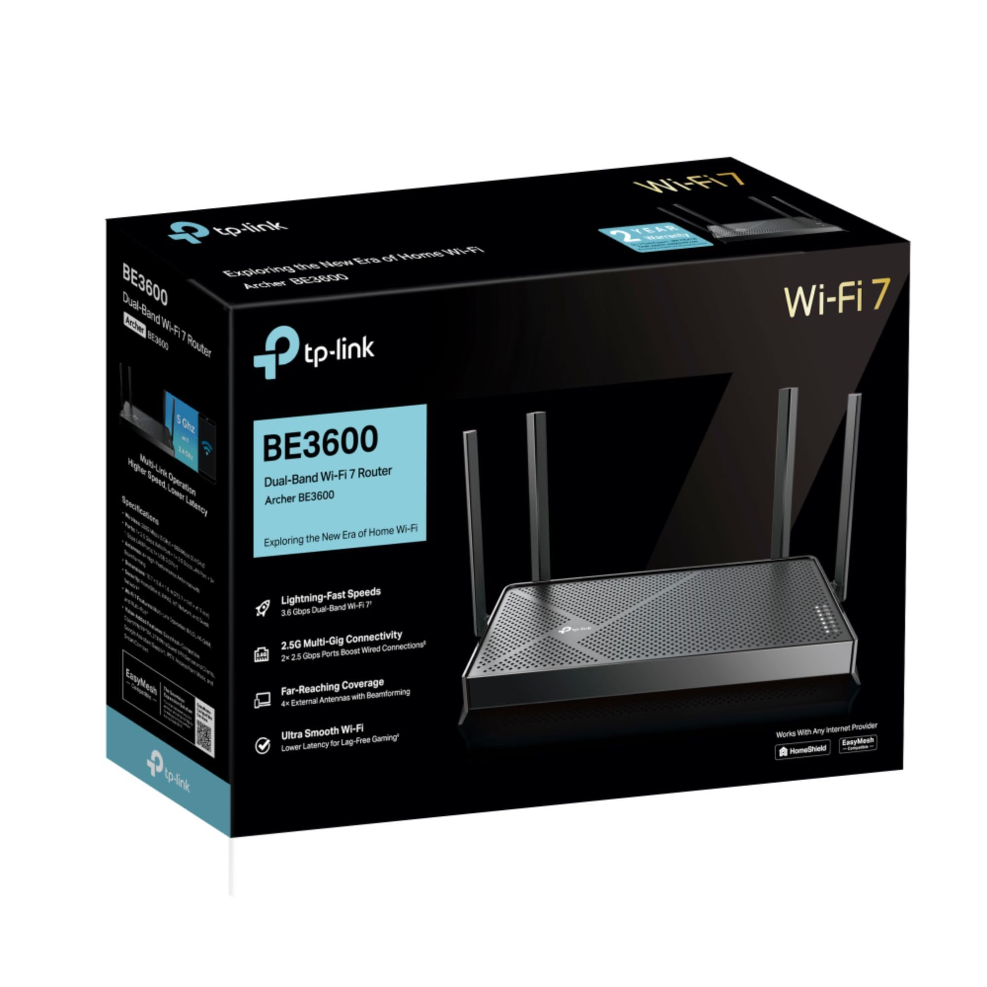 TP-Link Archer BE3600 Router WiFi 7 BE3600Mbps, WiFi Router, 2.5G Ports, USB 3.0 Port, Maximized Coverage, VPN Router, Internet Booster Routers, WiFi Booster, HomeShield Security, Easy Setup,EasyMesh