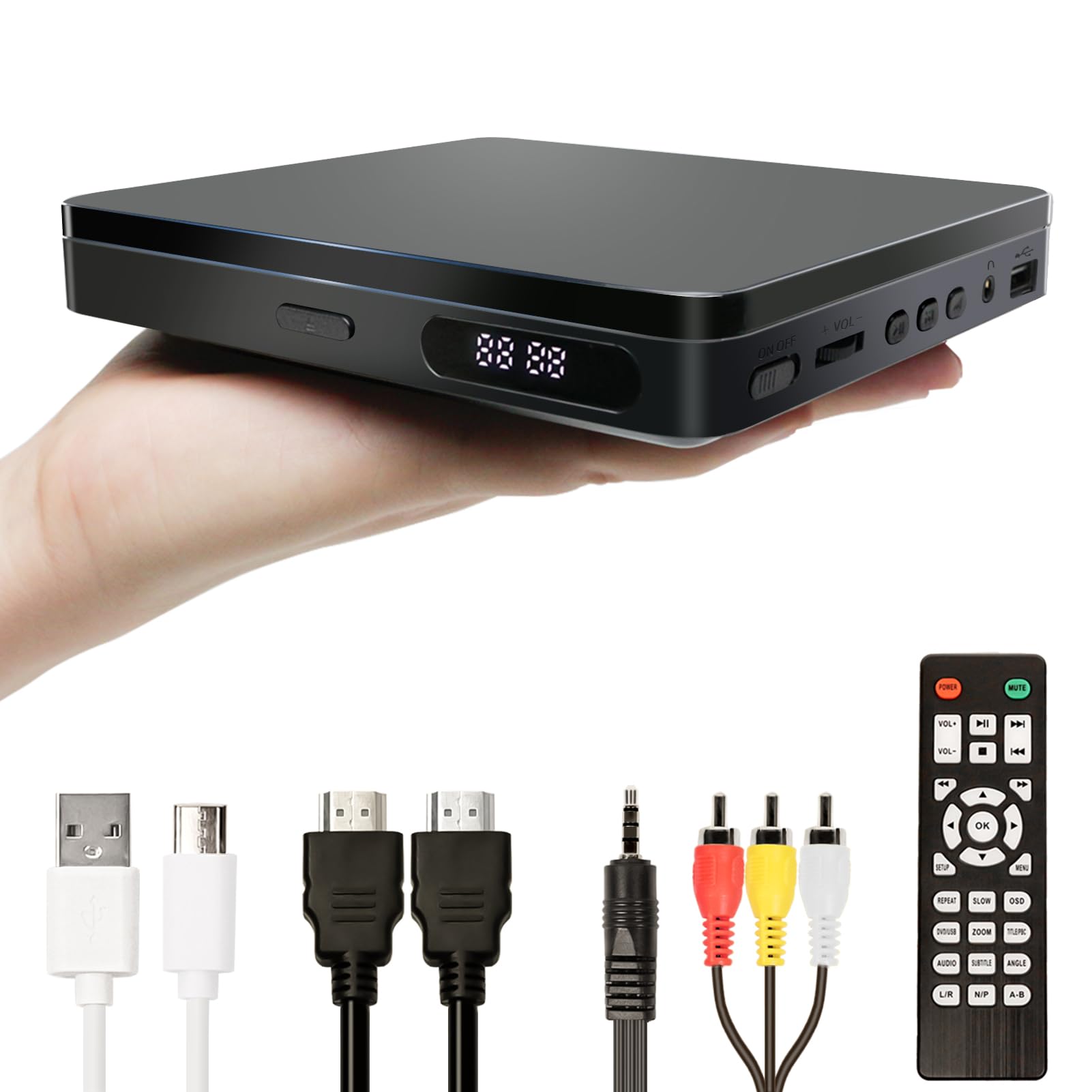 Mini DVD Player, DVD/CD Player for TV, All Region Free 1080P HD with RCA/HDMI Cables, Remote Control, Breakpoint Memory, Built-in PAL/NTSC, USB Input