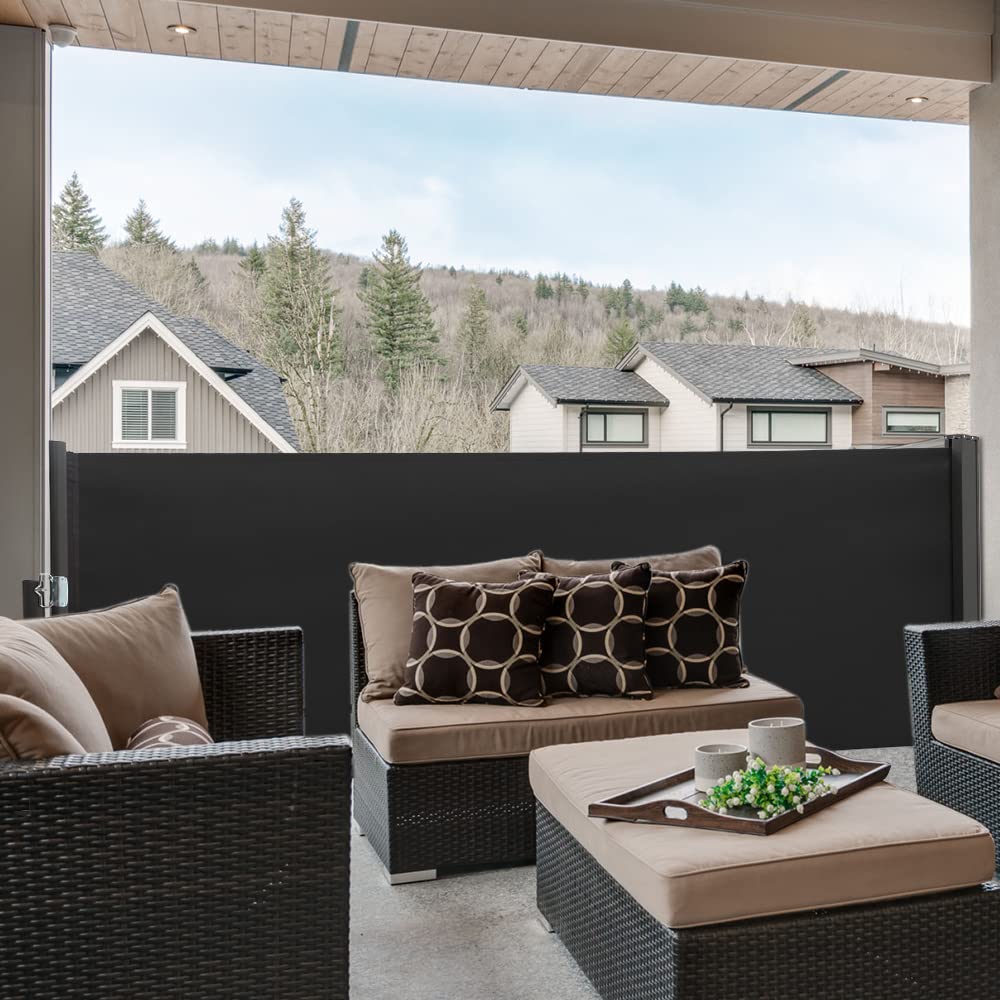 The Fellie Dark Grey Retractable Side Awning, Wind, UV Protection and Weatherproof PU Coating for Outdoor Privacy Screen for Garden, Balcony, Terrace, 140 x 300 cm