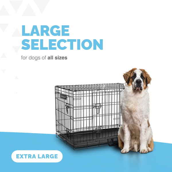 Furdreams 42-Inch Dog Cage Crate – Heavy Duty Black Metal Folding Crate with 2 Doors (Front & Side), Chew-Resistant Plastic Base Tray, and Carrier Handle – Ideal for Puppy Training (107 x 68.5 x 77cm)