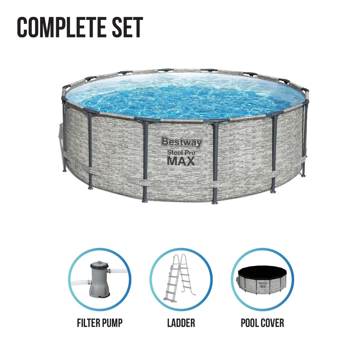 Bestway Steel Pro Max | Round Frame Swimming Pool with Filter Pump, Above Ground Frame Pools, Grey, 18ft