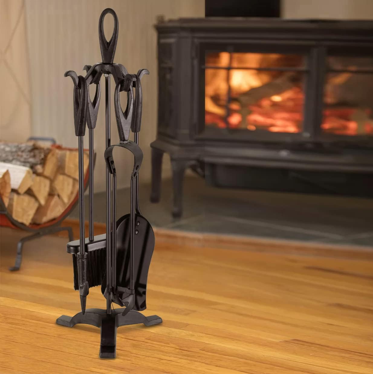 Neo Black Fireplace Fireside Set Fire Tool Accessories Storage Rack with 5 Piece Set Including Stand