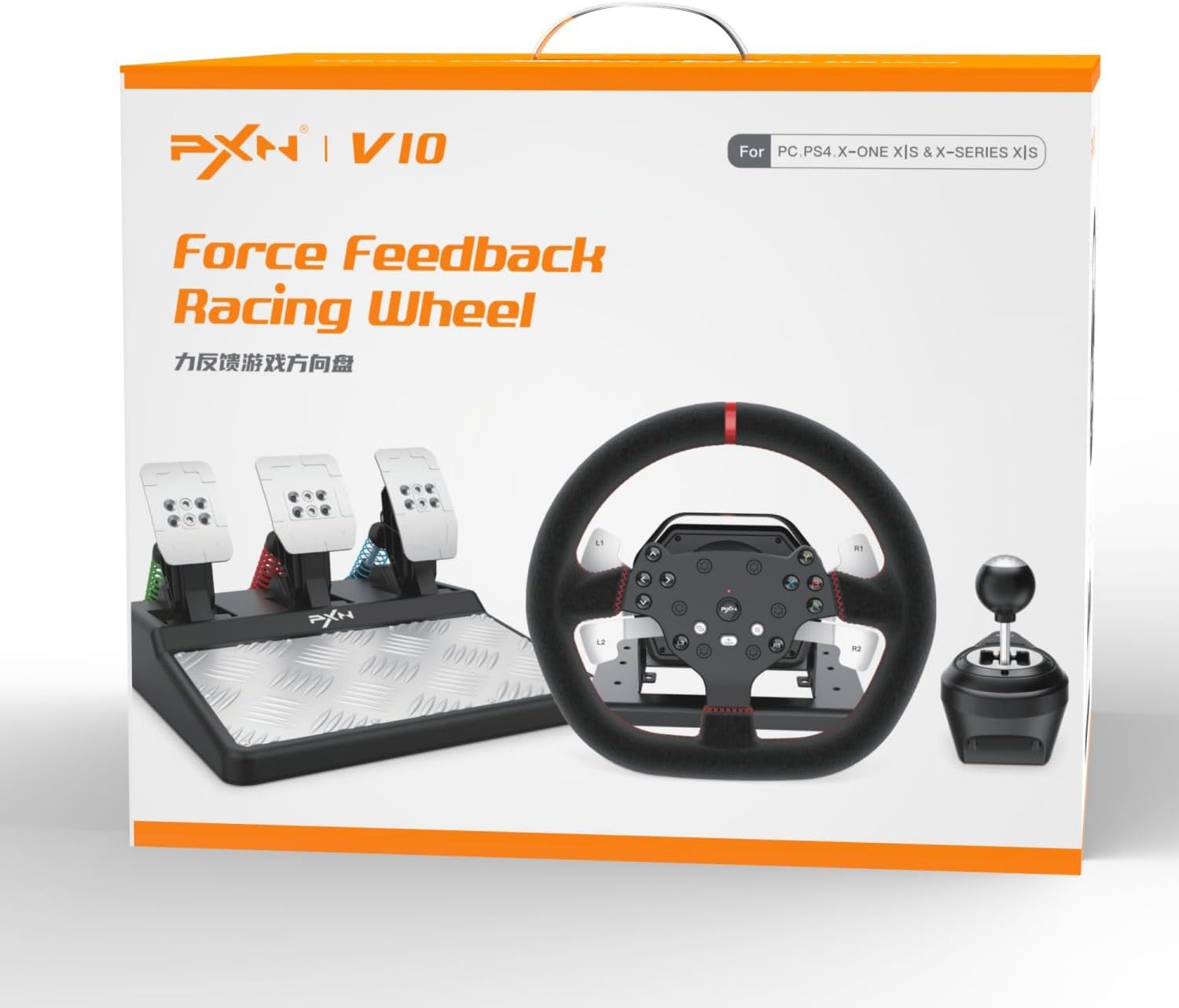 PXN V10 Force Feedback Racing Sim Driving Game Steering Wheel + Pedals + Gear Shifter 270 / 900° Racing Wheel - Suede Leather Gaming Wheel Steering Wheel for PC PS4 Xbox One Xbox Series X / S PXN-V10